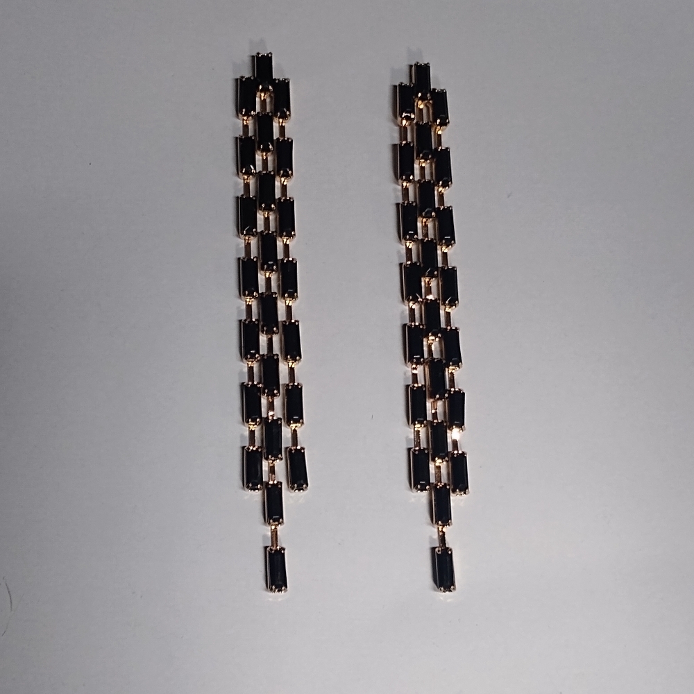 BLack baguette dangle post back earrings 4" long 3 strands gold plated E…